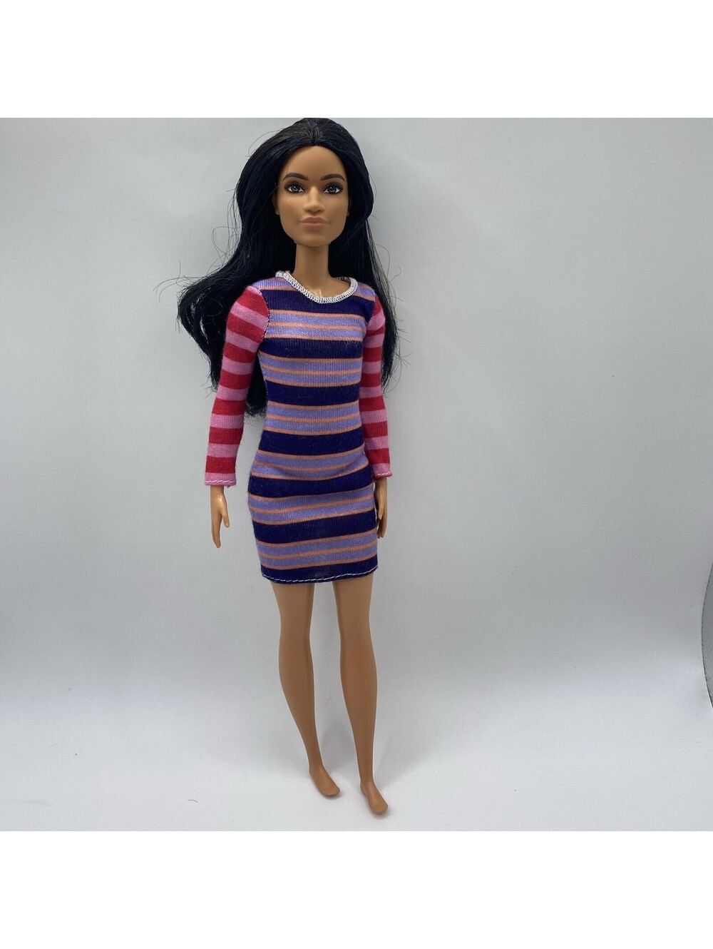 Barbie Fashionista #147 Curvy Long Dark Hair Striped Dress Doll B1